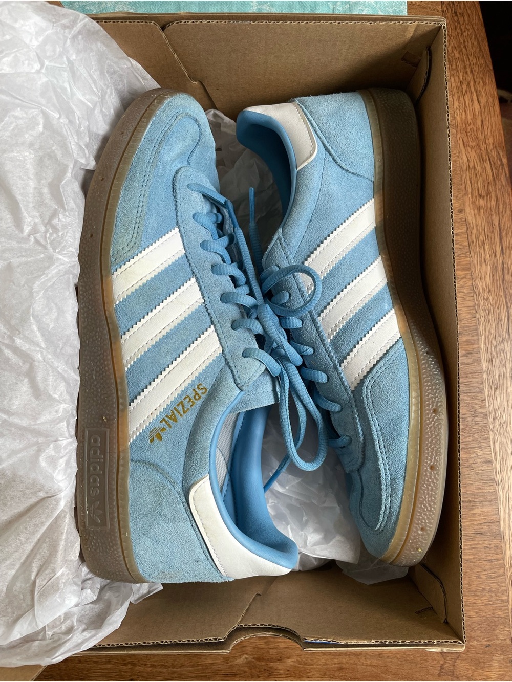 adidas Light Blue Suede Sneakers with White Stripes and Gum Sole